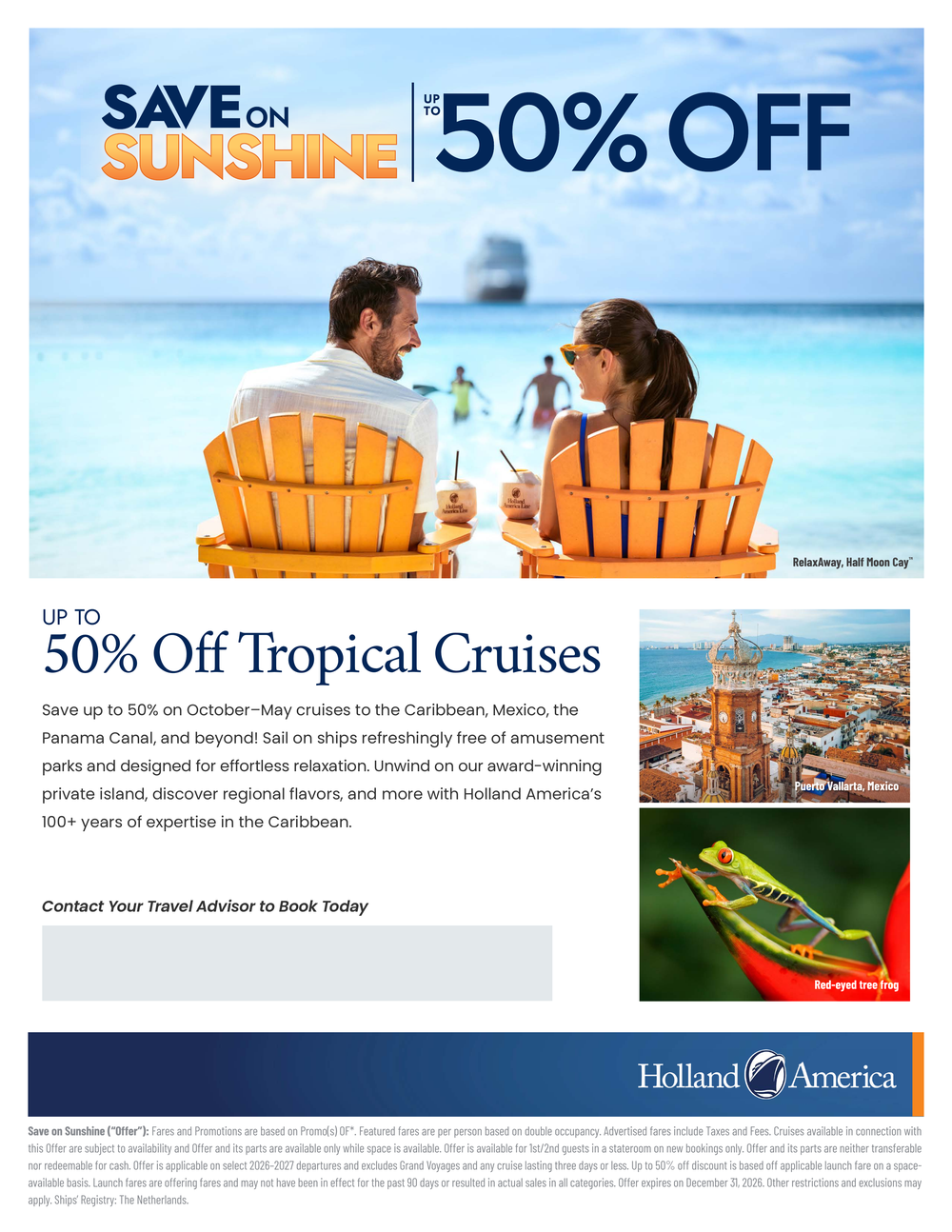 Holland America Save on Sunshine promotion — up to 50% off tropical cruises, book by September 23, 2026